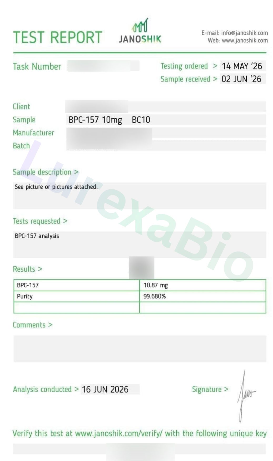 Redacted laboratory report preview for BPC-157