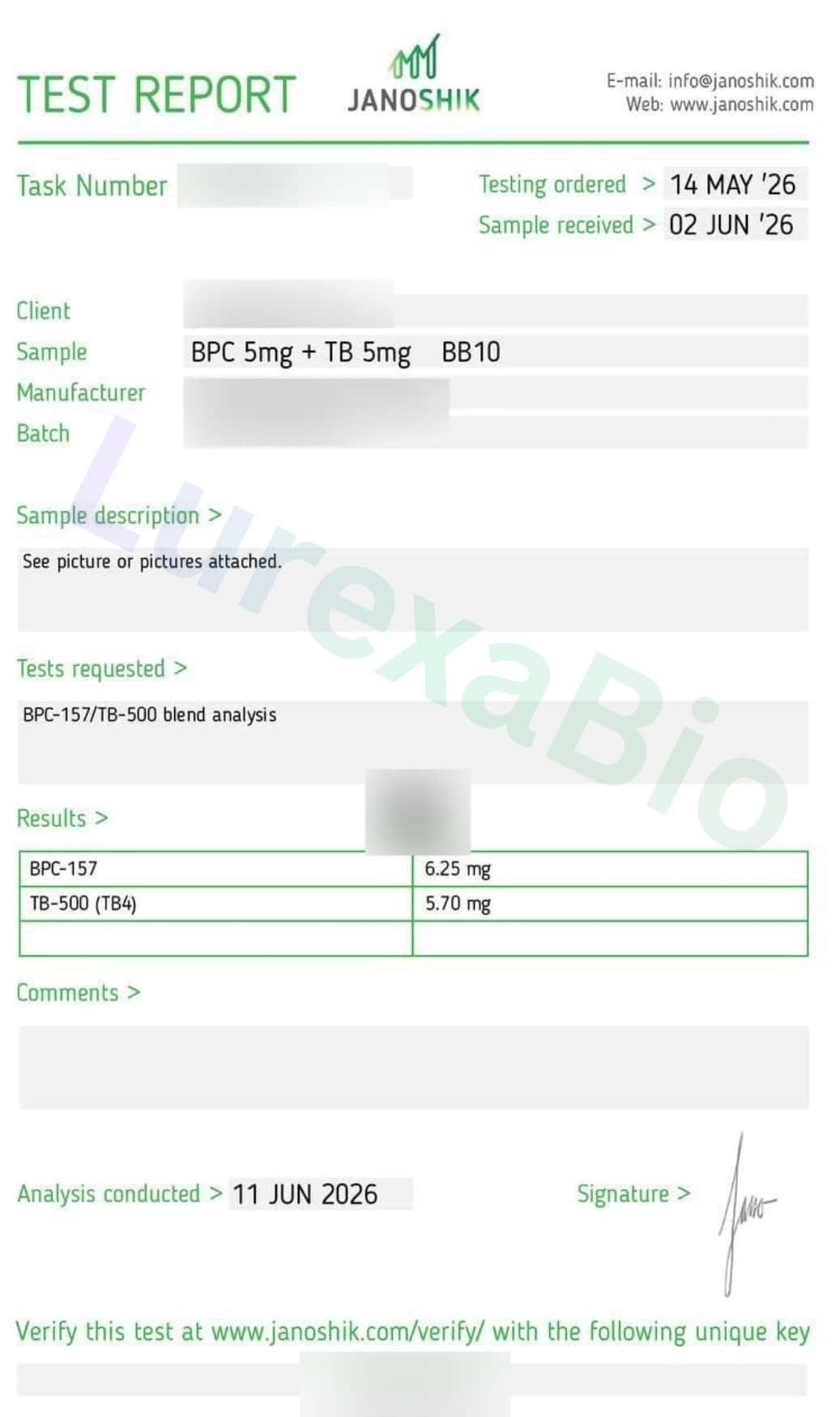 Redacted laboratory report preview for BPC-157 + TB-500
