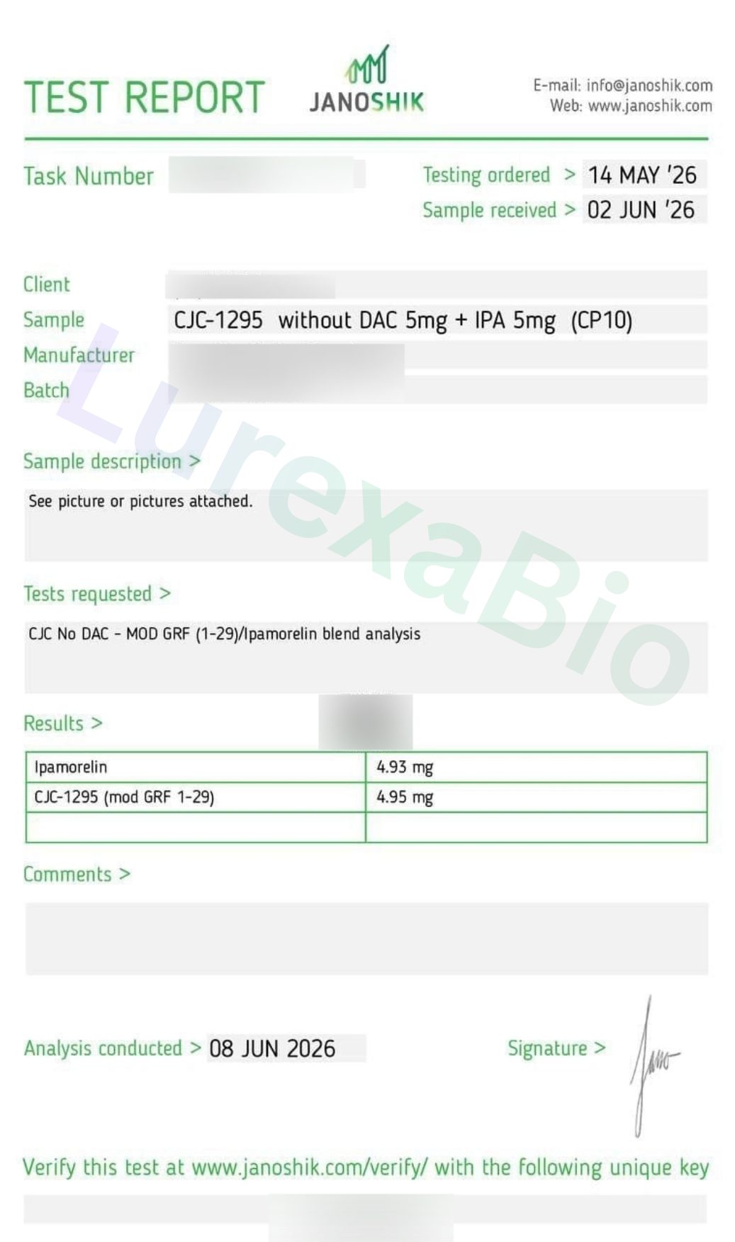 Redacted laboratory report preview for CJC-1295 + Ipamorelin