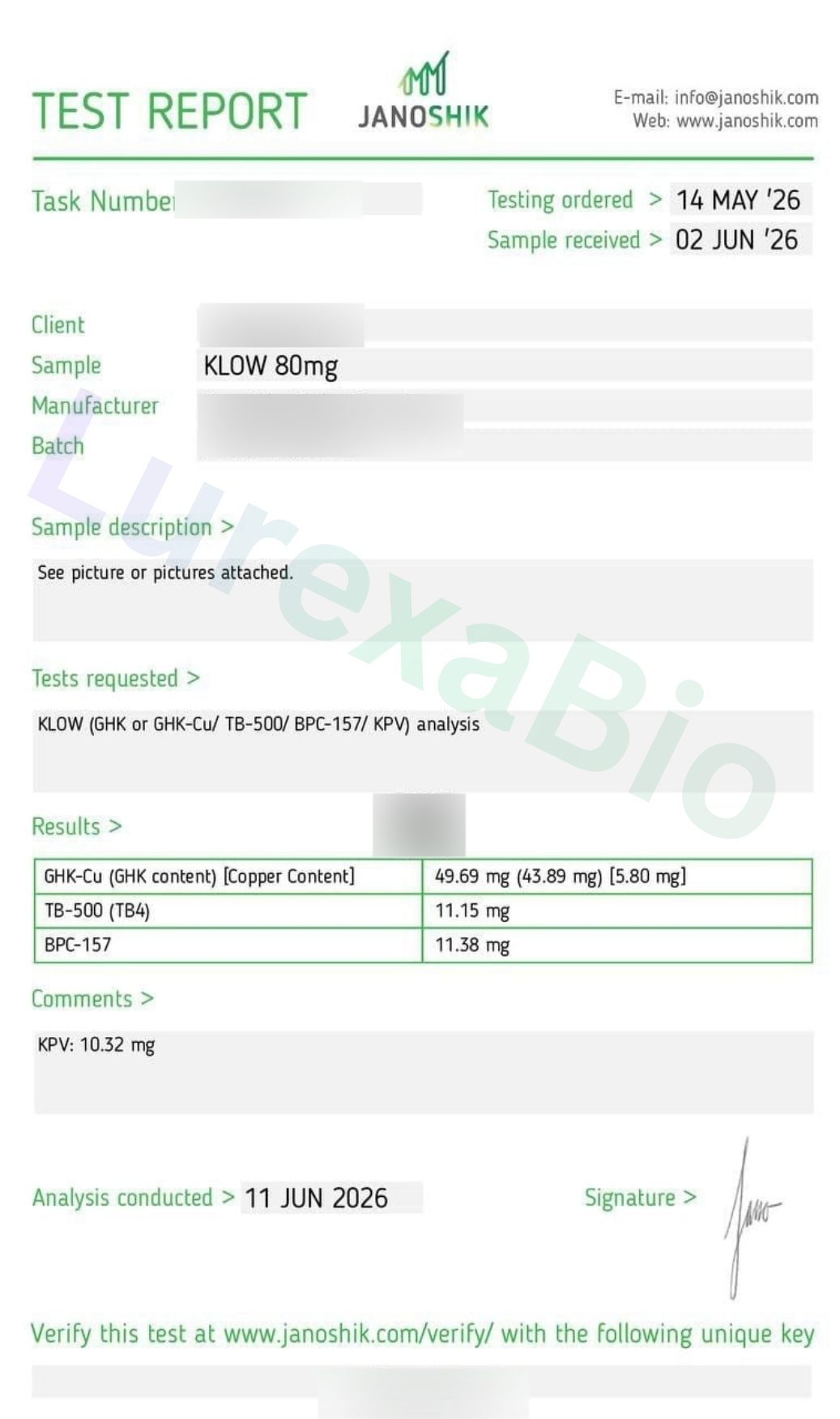 Redacted laboratory report preview for KLOW blend