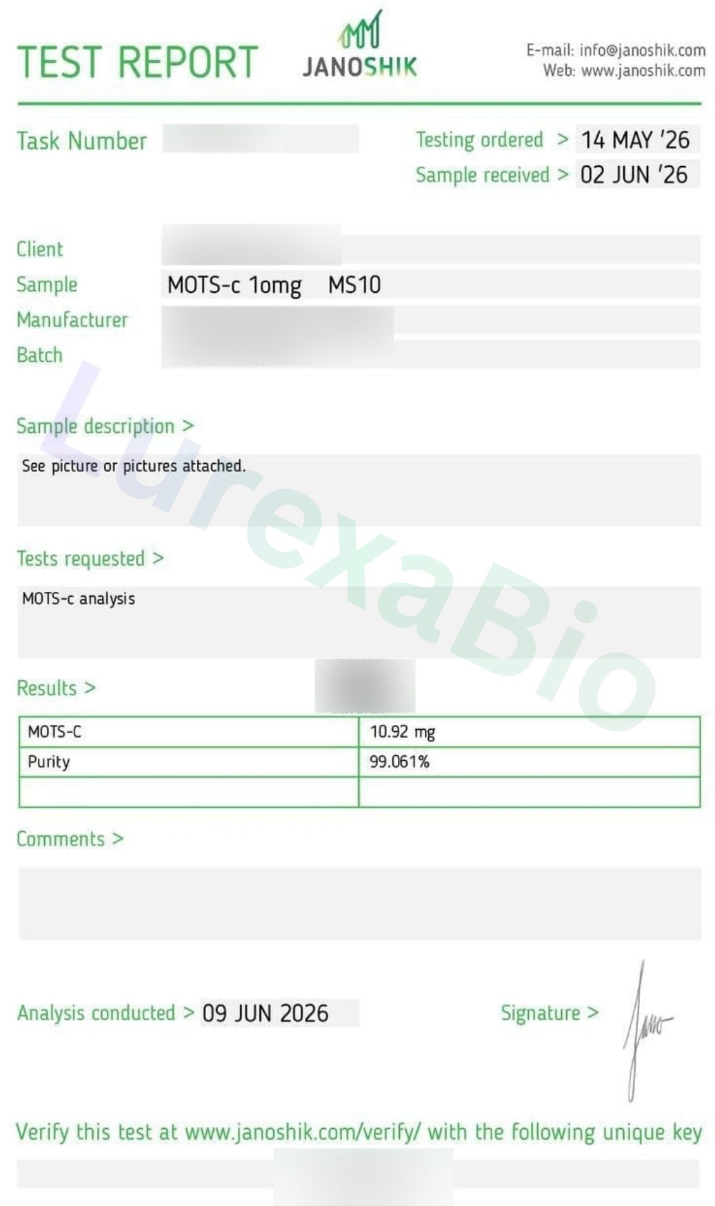 Redacted laboratory report preview for MOTS-c