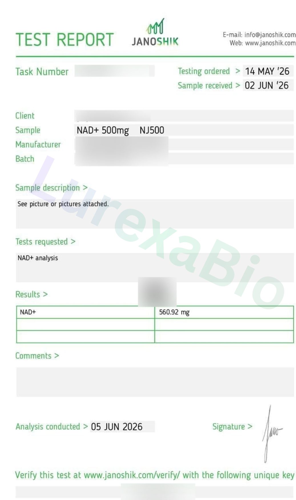 Redacted laboratory report preview for NAD+