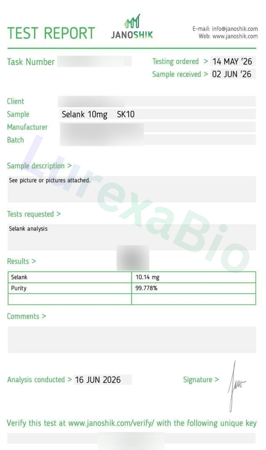 Redacted laboratory report preview for Selank