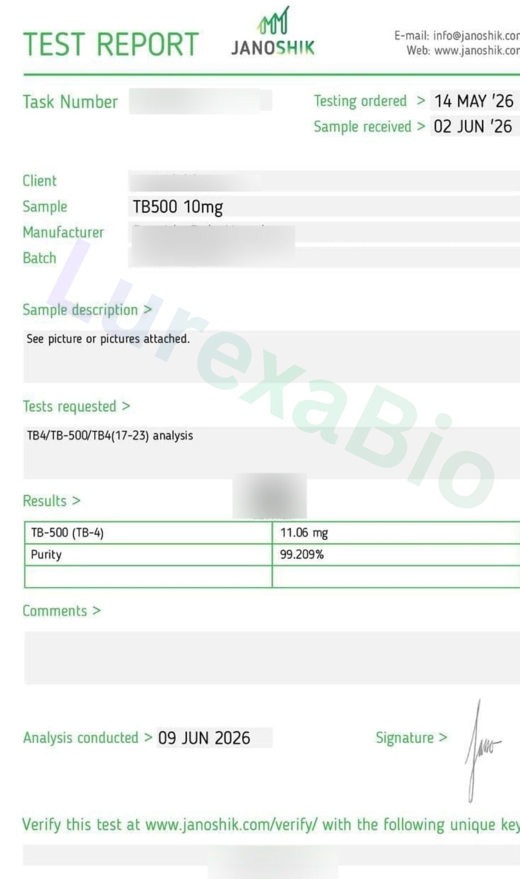 Redacted laboratory report preview for TB-500