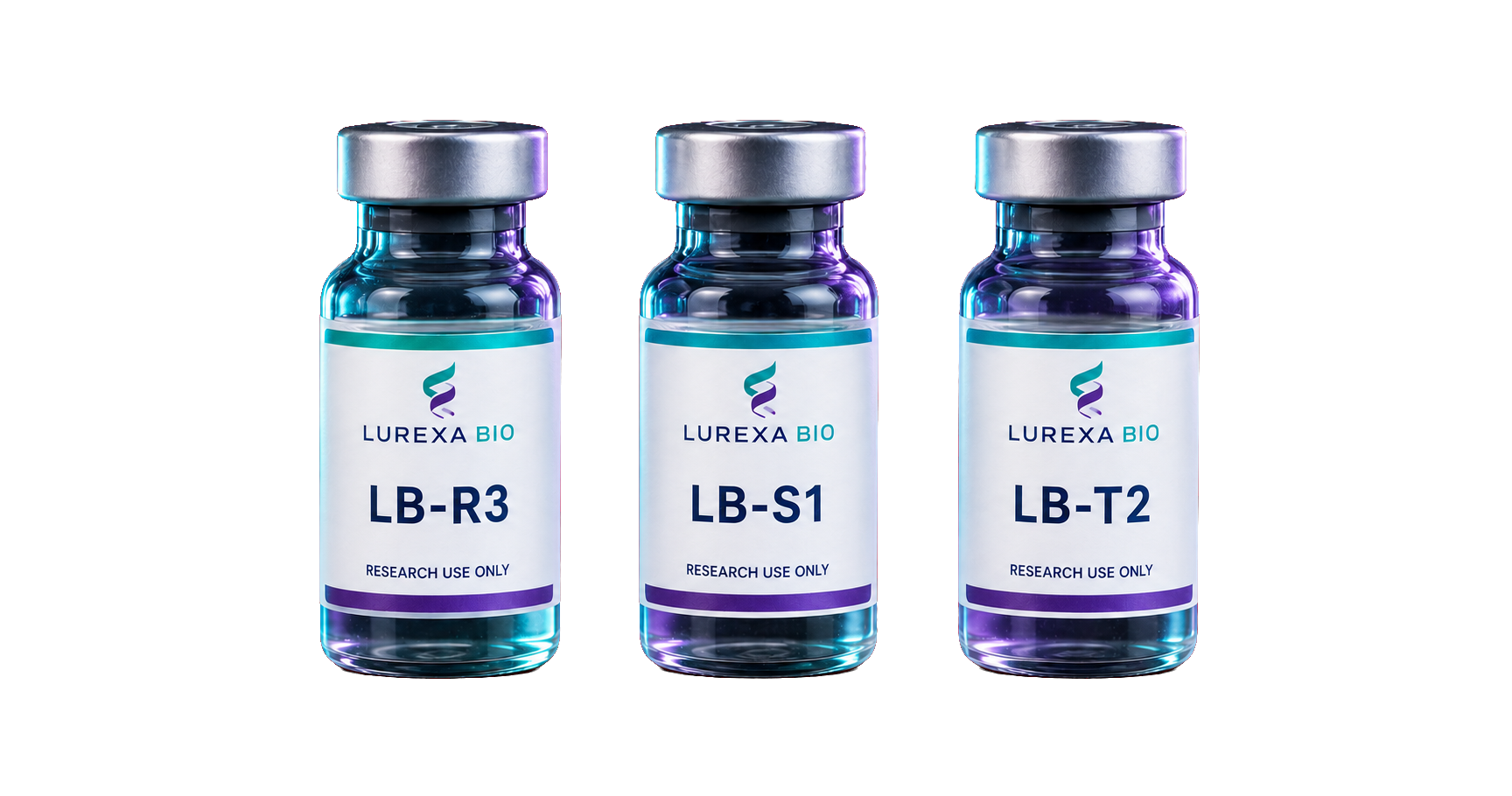 Photorealistic Lurexa Bio R3-LB, S1-LB and T2-LB research vial presentation